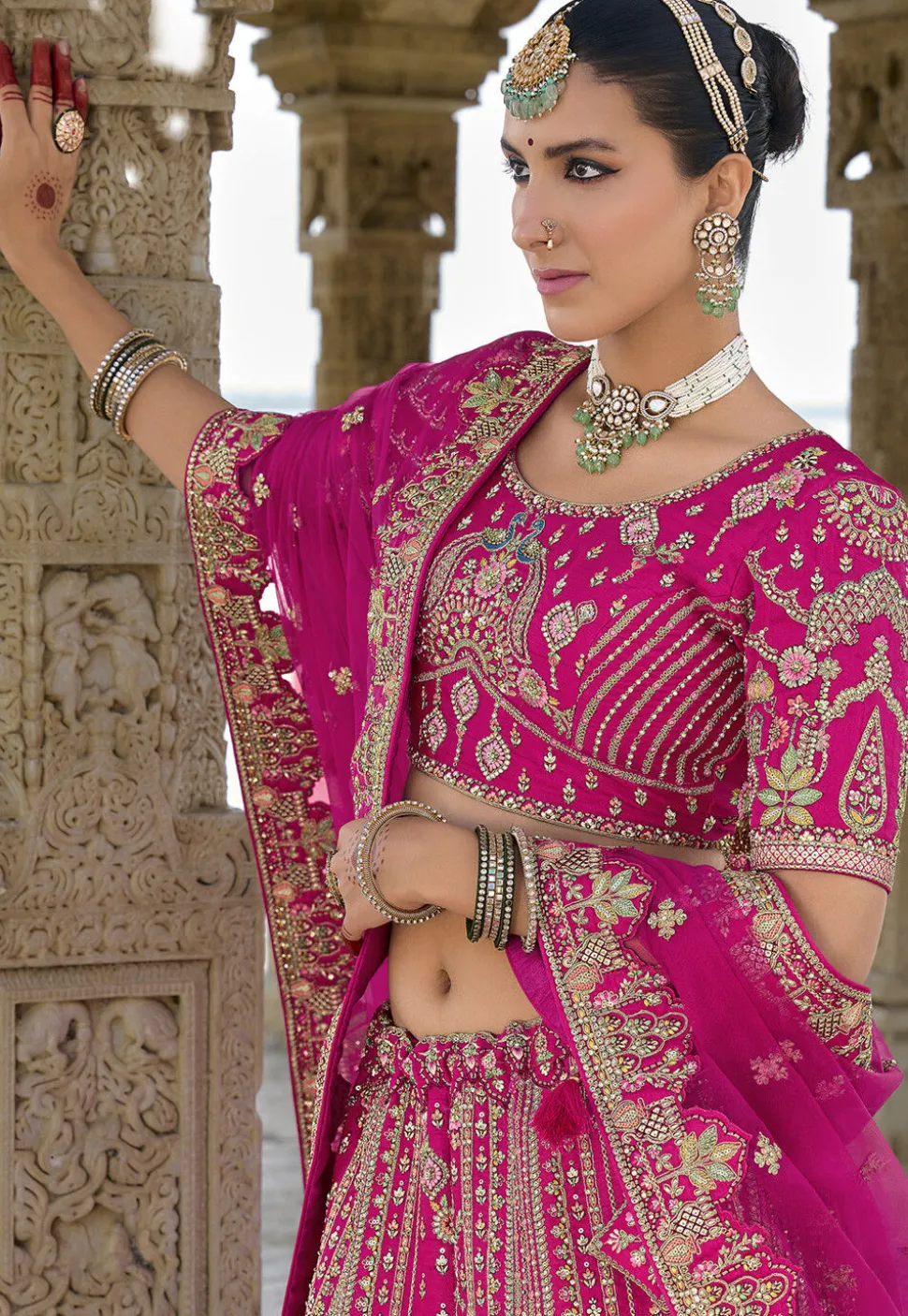 Embroidered Art Silk Lehenga in Magenta