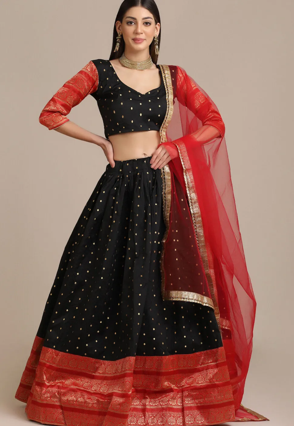 Embroidered Art Silk Lehenga in Black