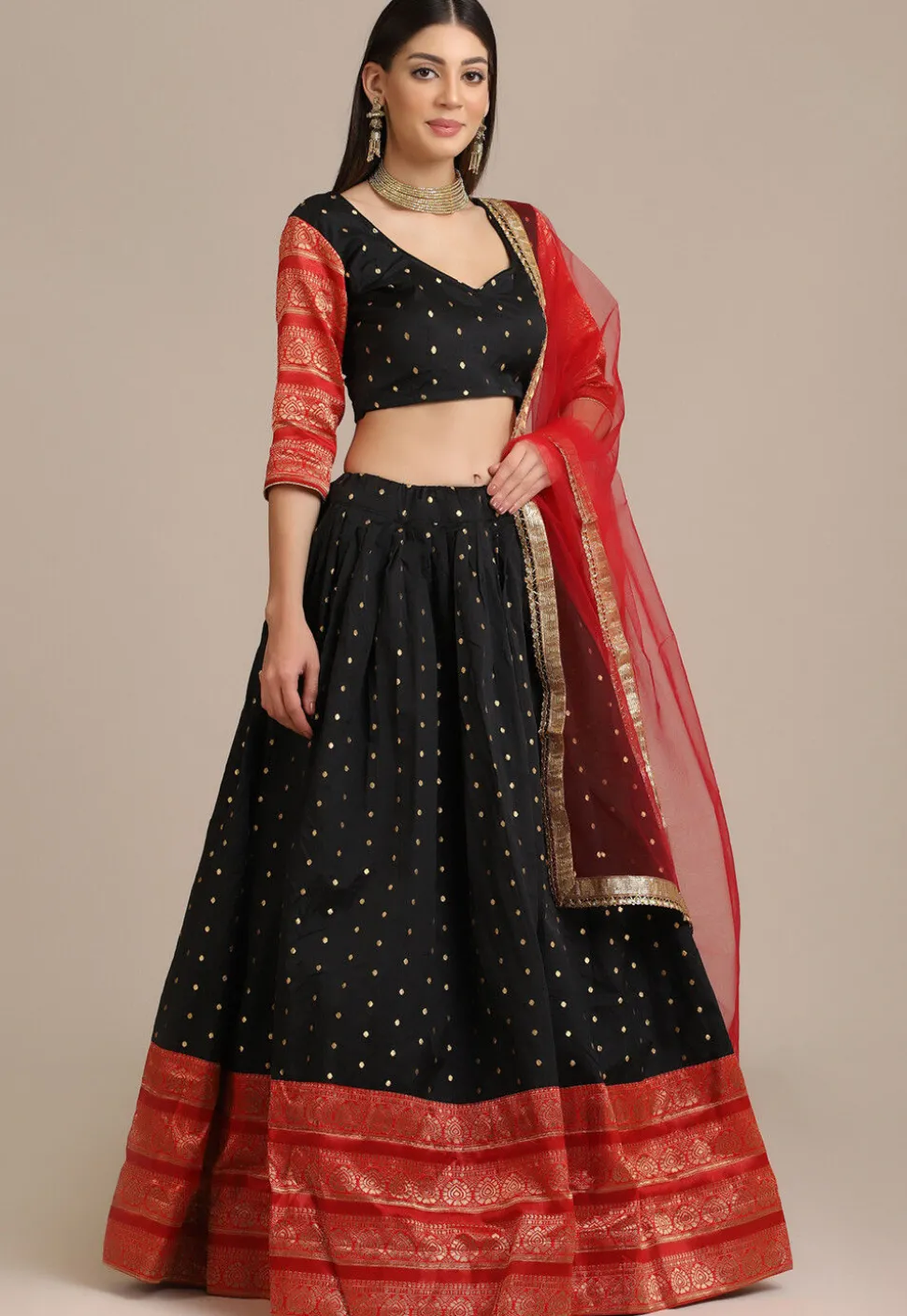 Embroidered Art Silk Lehenga in Black