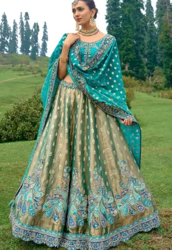 Embroidered Art Silk Lehenga in Dusty Green