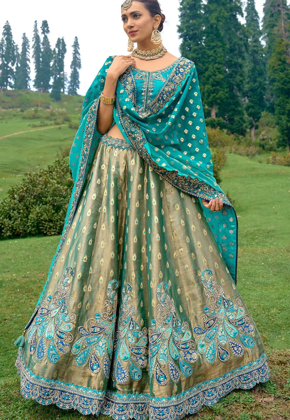 Embroidered Art Silk Lehenga in Dusty Green