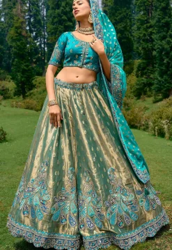 Embroidered Art Silk Lehenga in Dusty Green