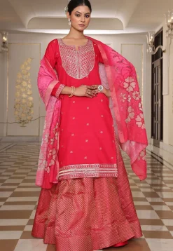 Embroidered Art Silk Lehenga in Fuchsia