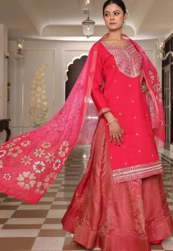 Embroidered Art Silk Lehenga in Fuchsia