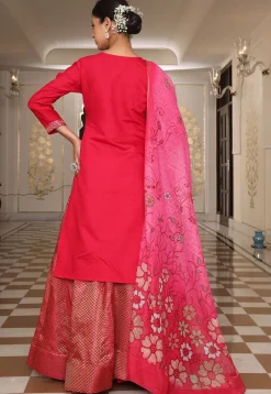 Embroidered Art Silk Lehenga in Fuchsia
