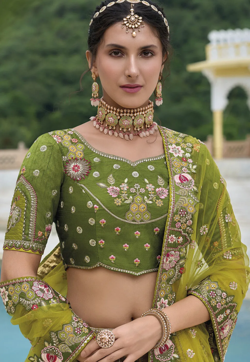 Embroidered Art Silk Lehenga in Light Green