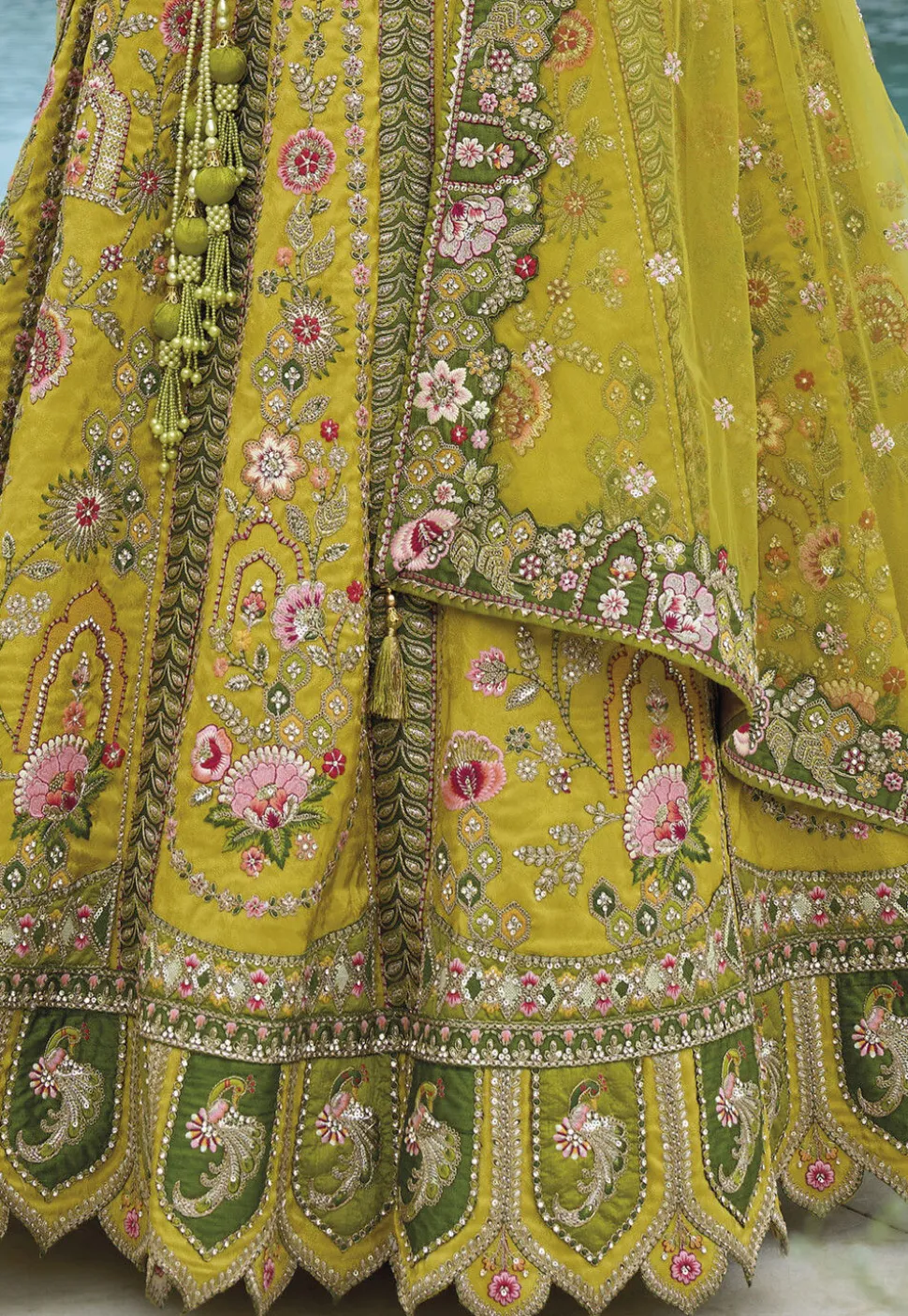 Embroidered Art Silk Lehenga in Light Green