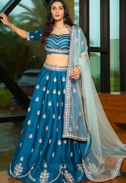 Embroidered Art Silk Lehenga in Blue