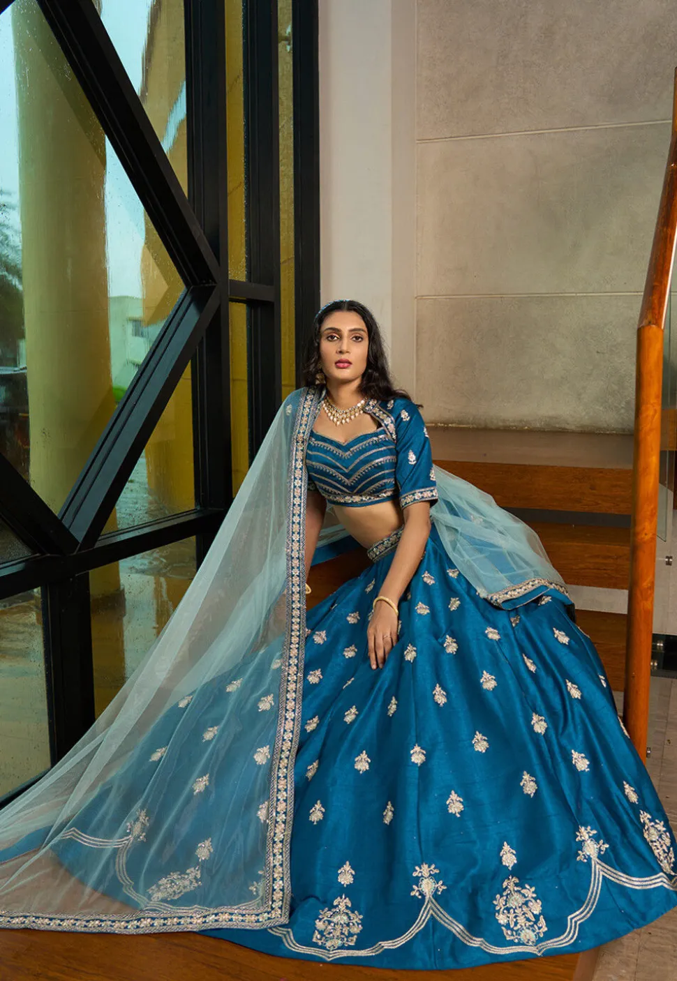 Embroidered Art Silk Lehenga in Blue