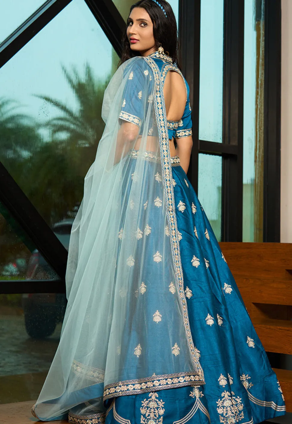 Embroidered Art Silk Lehenga in Blue