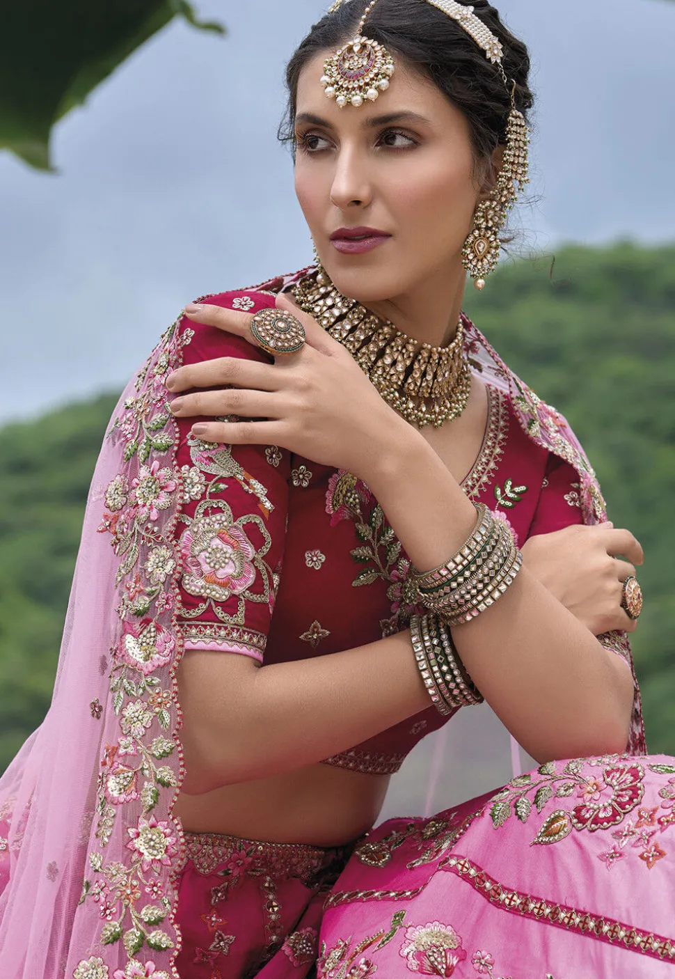 Embroidered Art Silk Lehenga in Pink