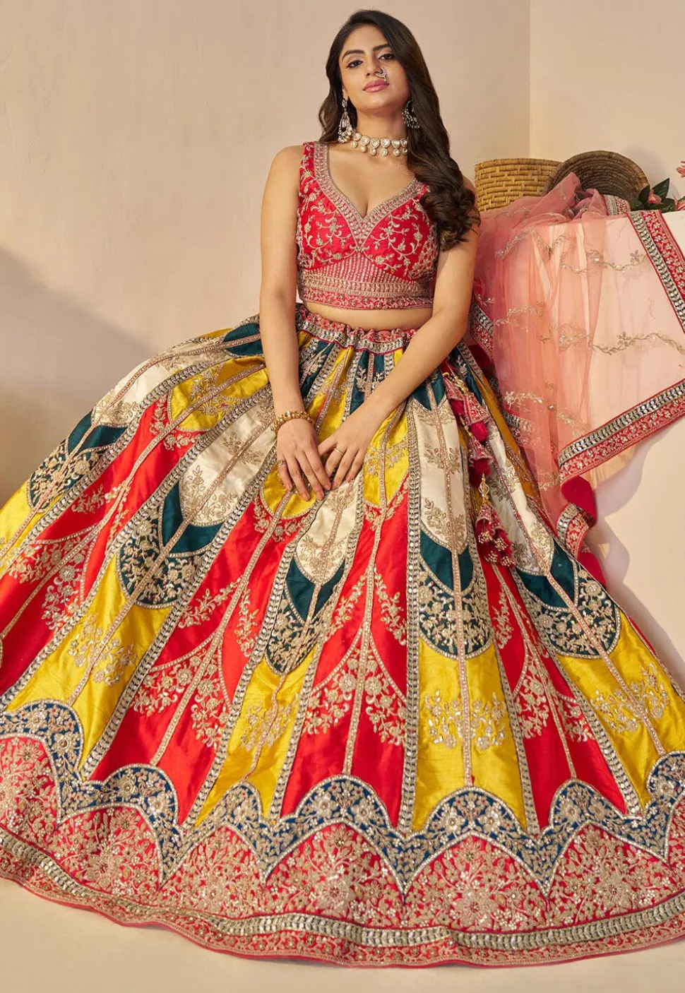 Embroidered Art Silk Lehenga in Multicolor
