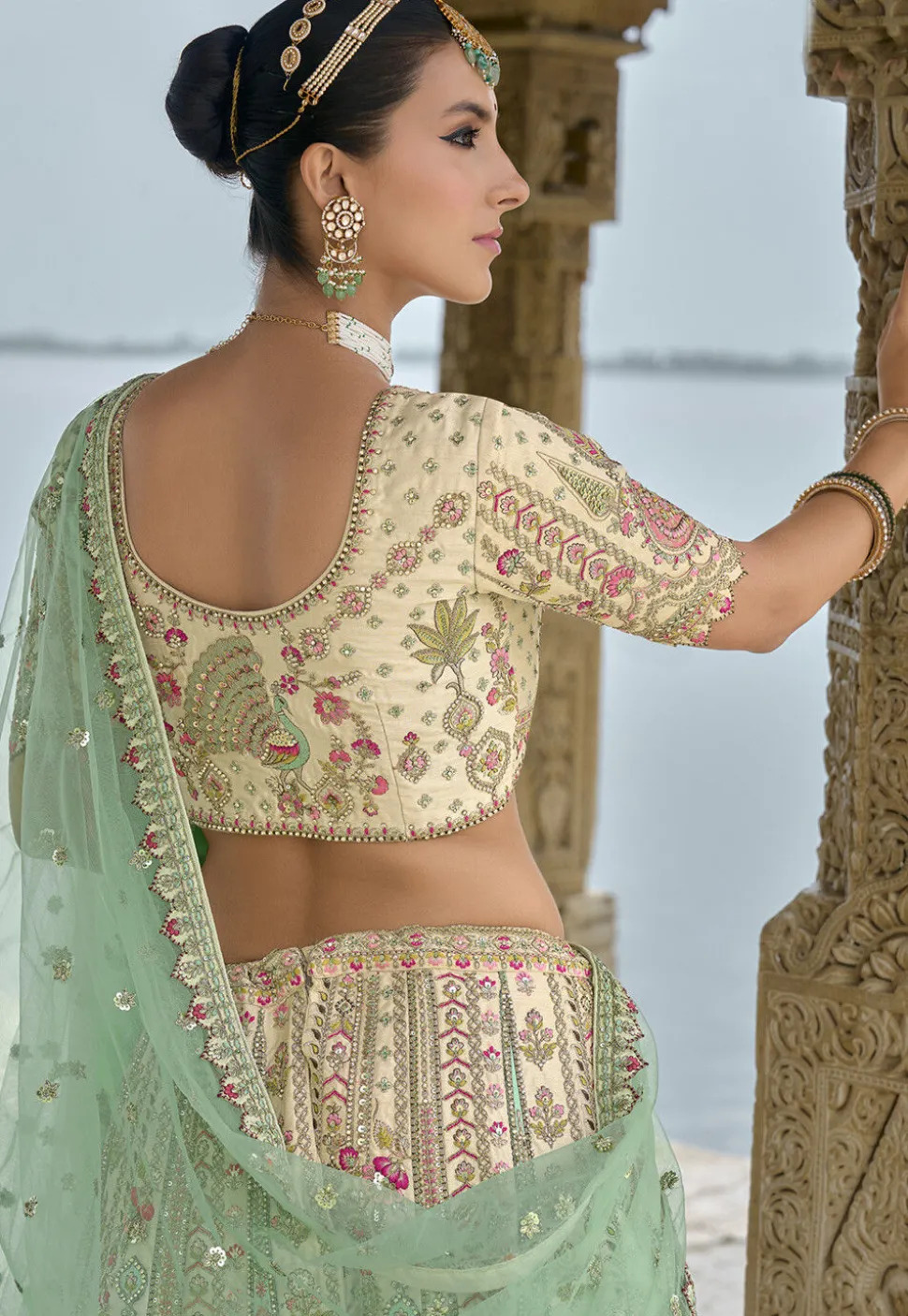 Embroidered Art Silk Lehenga in Cream
