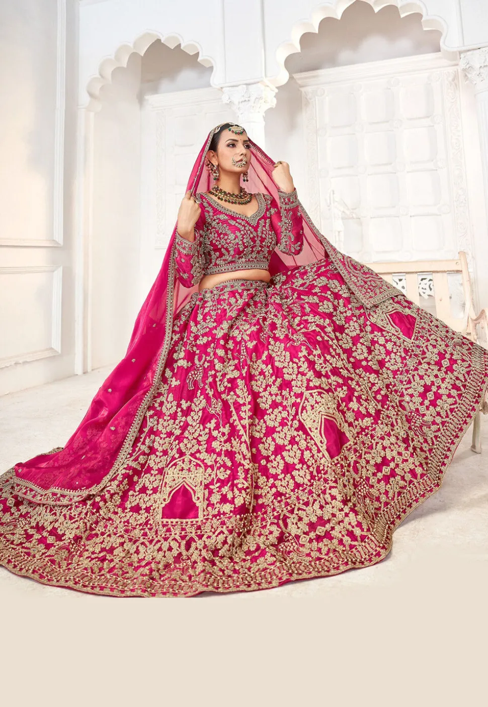 Embroidered Art Silk Lehenga in Fuchsia