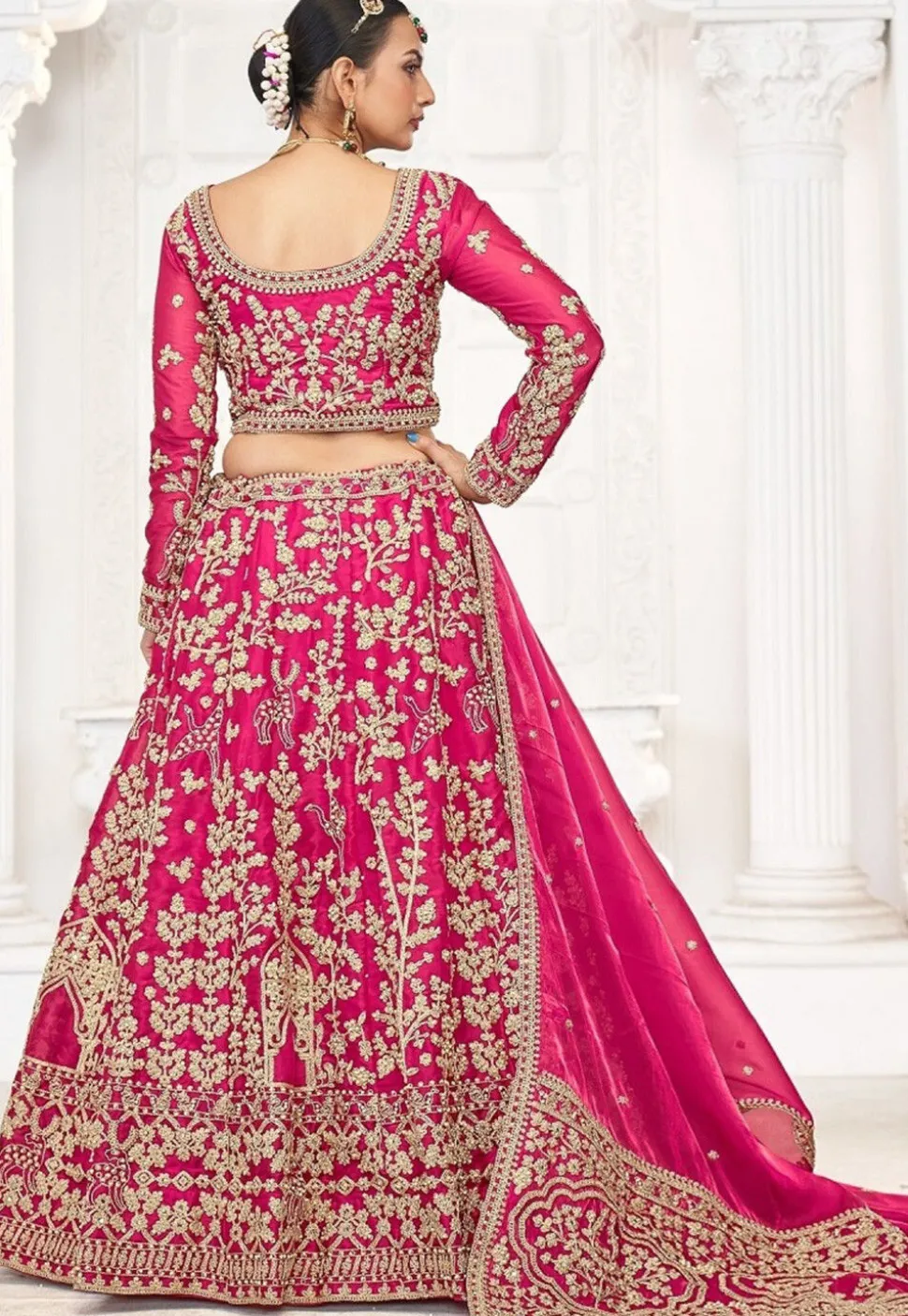 Embroidered Art Silk Lehenga in Fuchsia