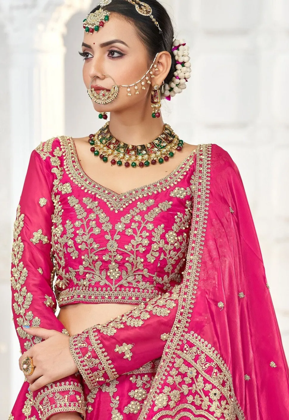 Embroidered Art Silk Lehenga in Fuchsia