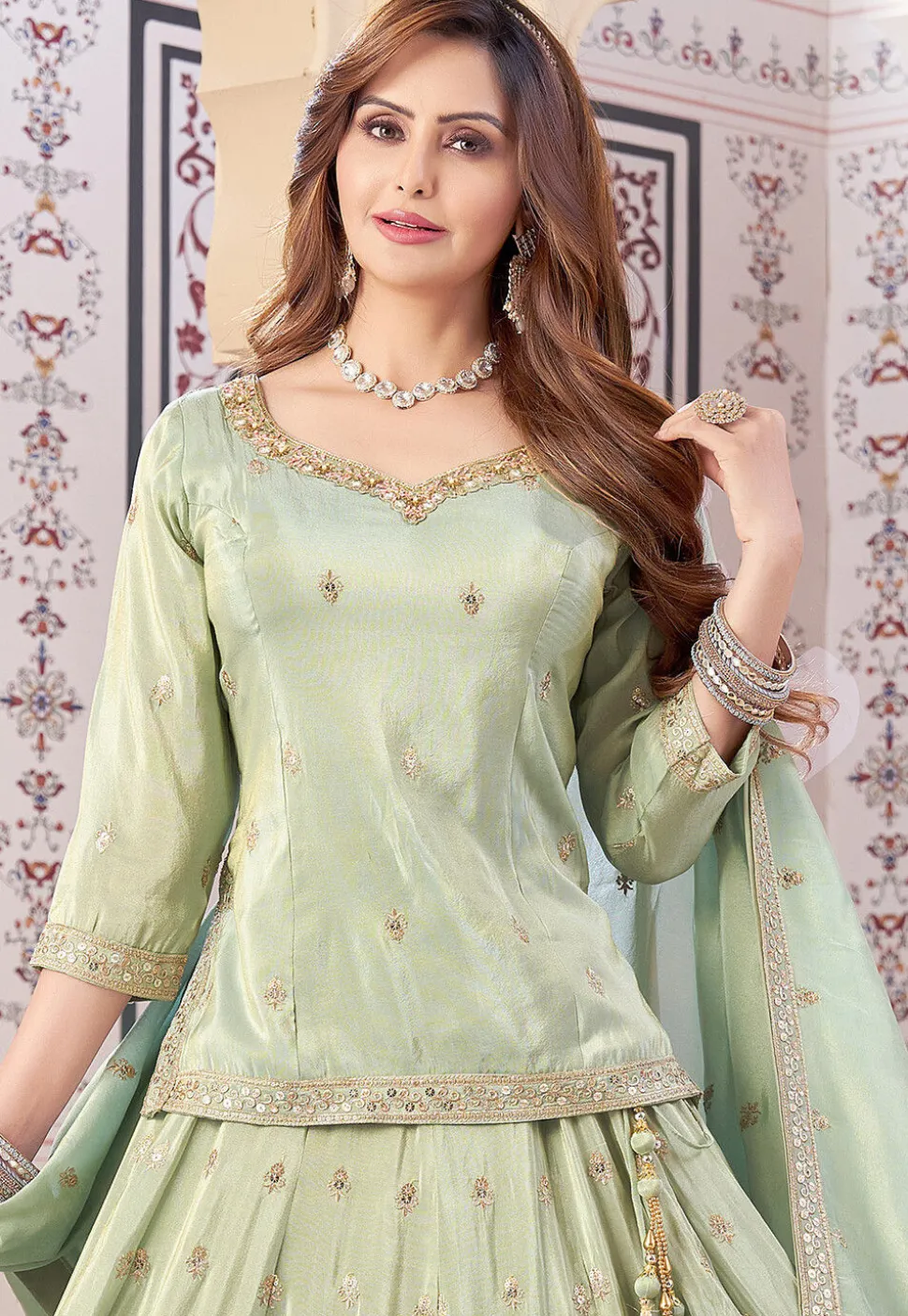 Embroidered Art Silk Lehenga in Pastel Green