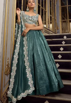 Embroidered Art Silk Lehenga in Dusty Green