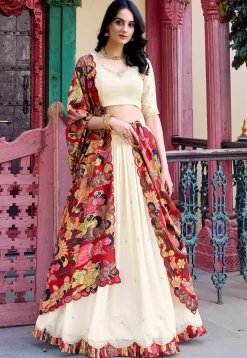 Embroidered Art Silk Lehenga in Off White