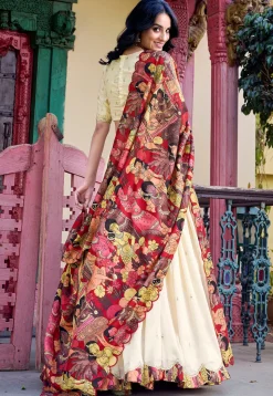 Embroidered Art Silk Lehenga in Off White