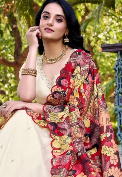 Embroidered Art Silk Lehenga in Off White