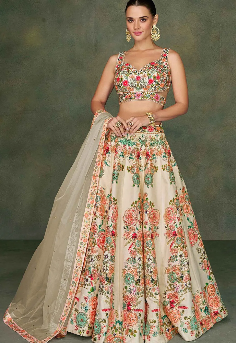 Embroidered Art Silk Lehenga in Cream