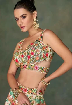Embroidered Art Silk Lehenga in Cream