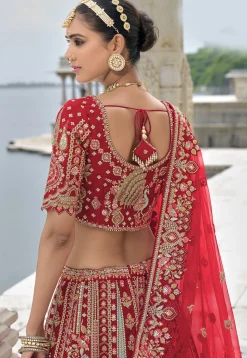 Embroidered Art Silk Lehenga in Red