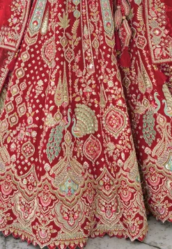 Embroidered Art Silk Lehenga in Red