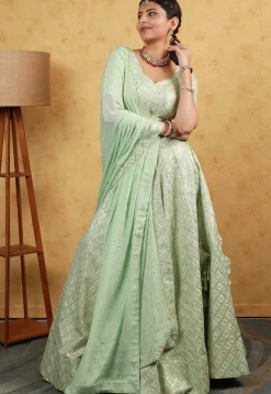 Embroidered Art Silk Lehenga in Pastel Green