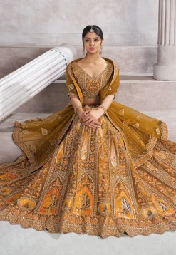 Embroidered Art Silk Lehenga in Mustard