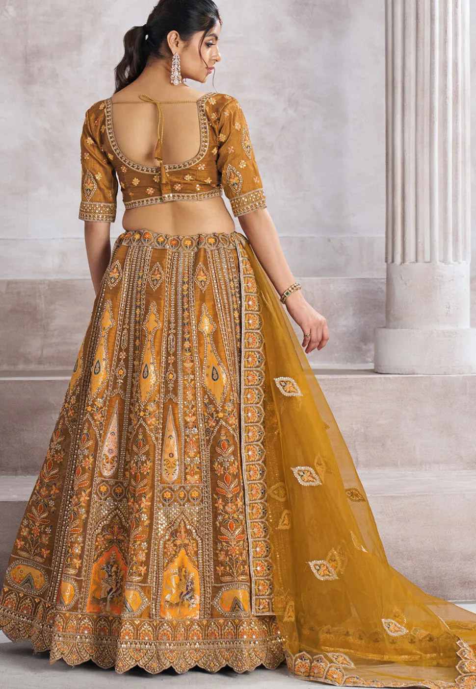 Embroidered Art Silk Lehenga in Mustard