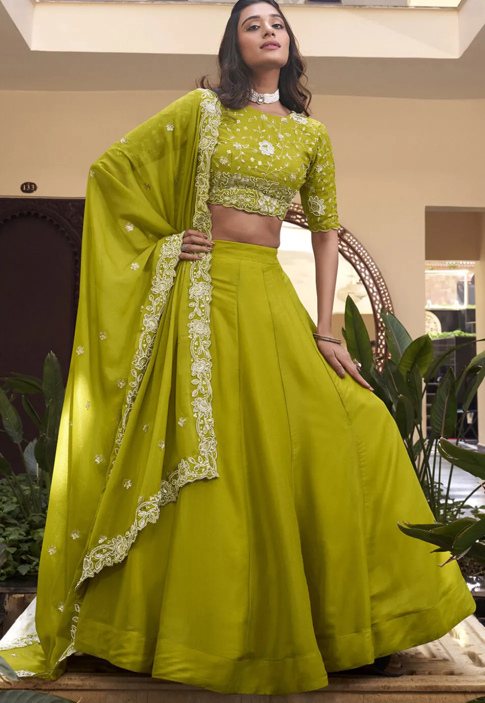 Embroidered Art Silk Lehenga in Light Green