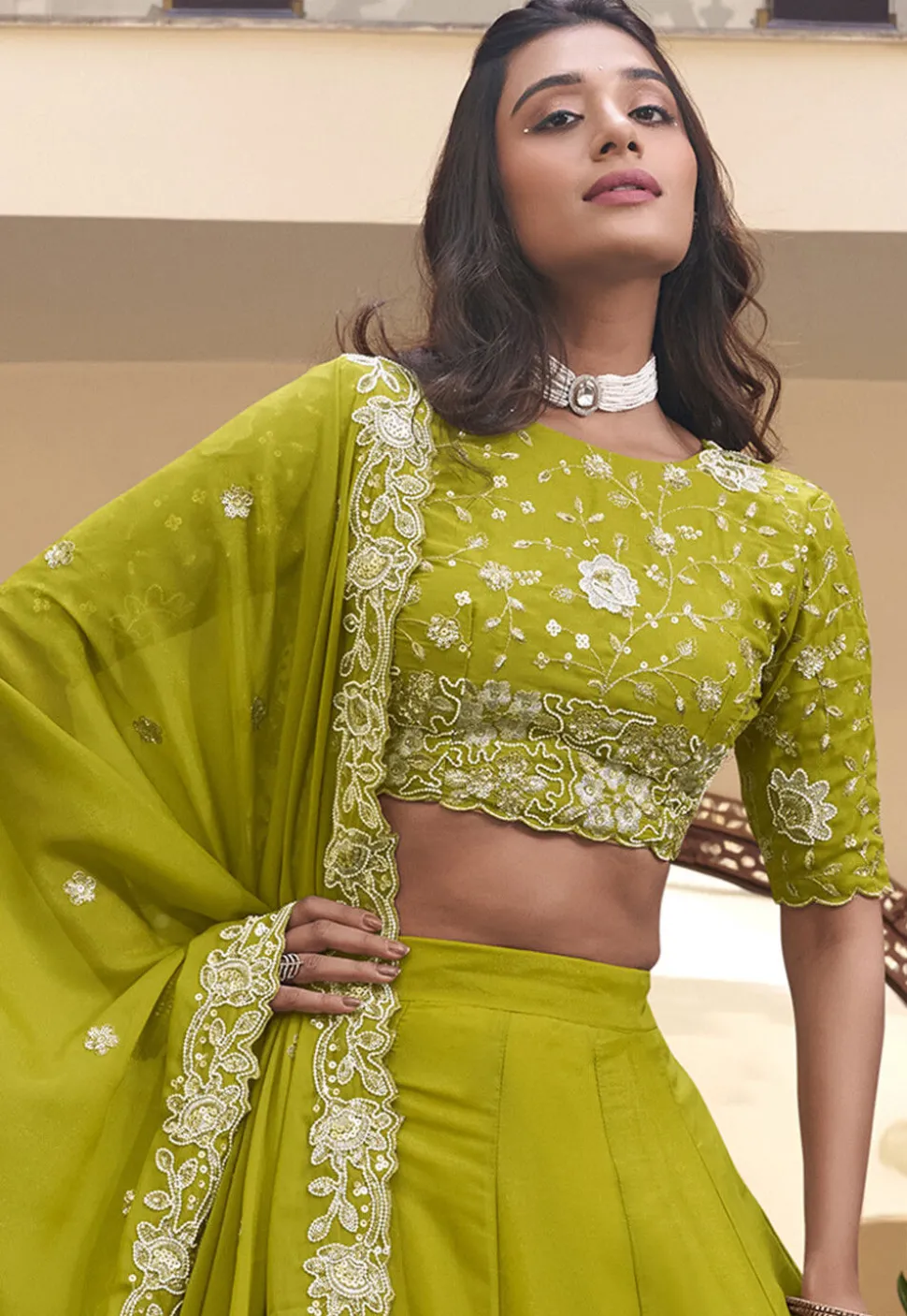Embroidered Art Silk Lehenga in Light Green