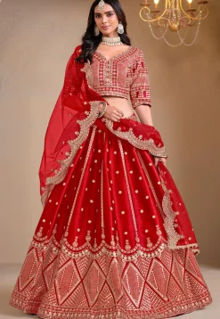 Embroidered Art Silk Lehenga in Red
