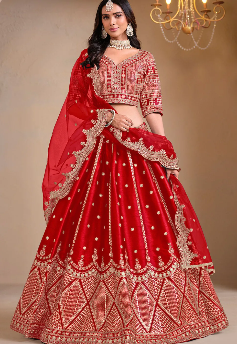 Embroidered Art Silk Lehenga in Red