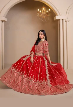 Embroidered Art Silk Lehenga in Red
