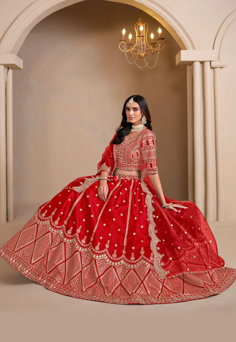 Embroidered Art Silk Lehenga in Red
