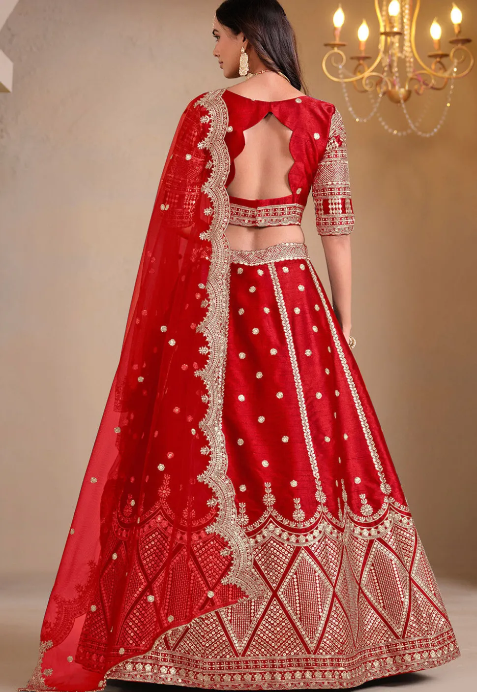 Embroidered Art Silk Lehenga in Red
