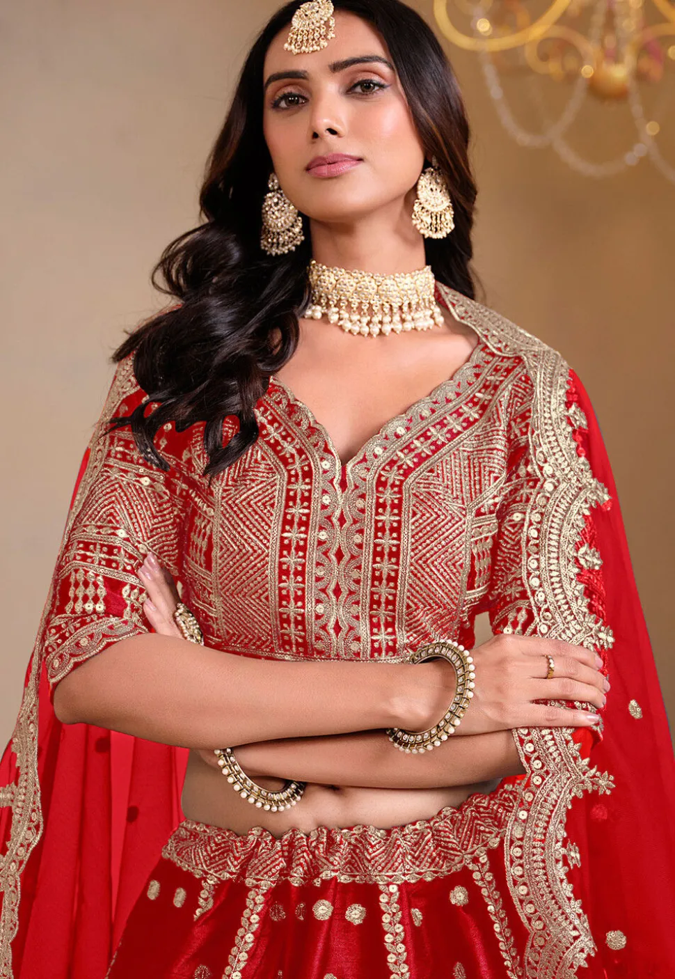 Embroidered Art Silk Lehenga in Red