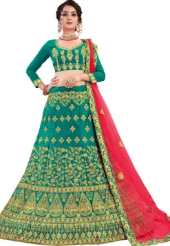 Embroidered Art Silk Lehenga in Teal Green