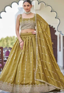 Embroidered Art Silk Lehenga in Olive Green