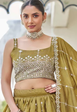 Embroidered Art Silk Lehenga in Olive Green