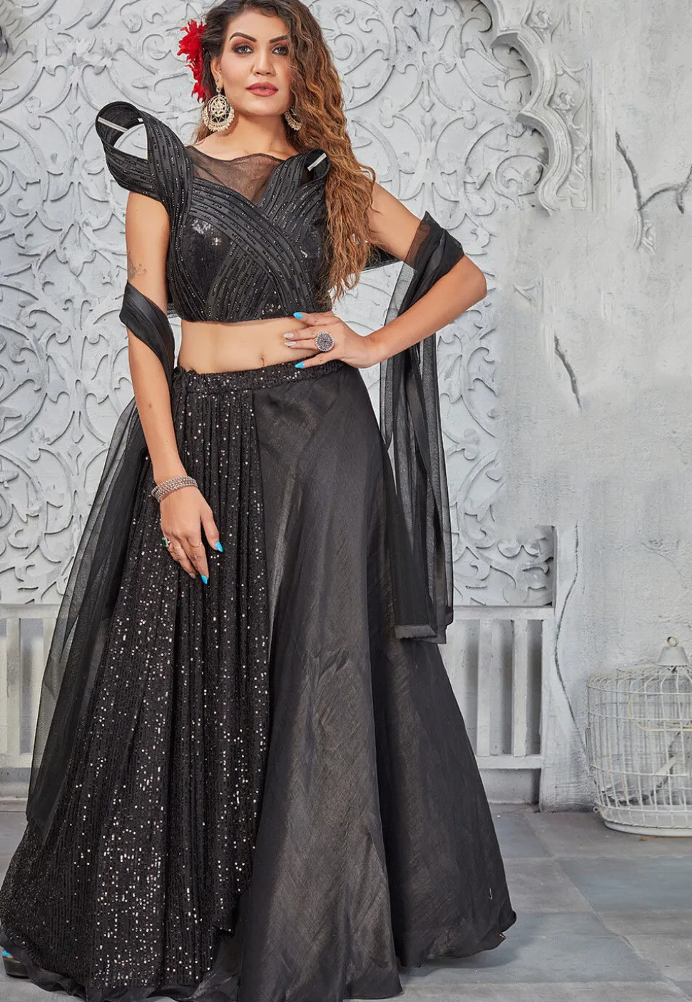Embroidered Art Silk Lehenga in Black