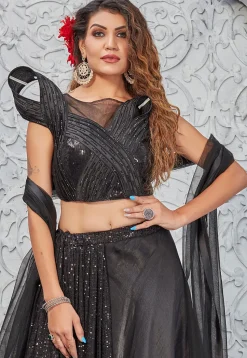 Embroidered Art Silk Lehenga in Black