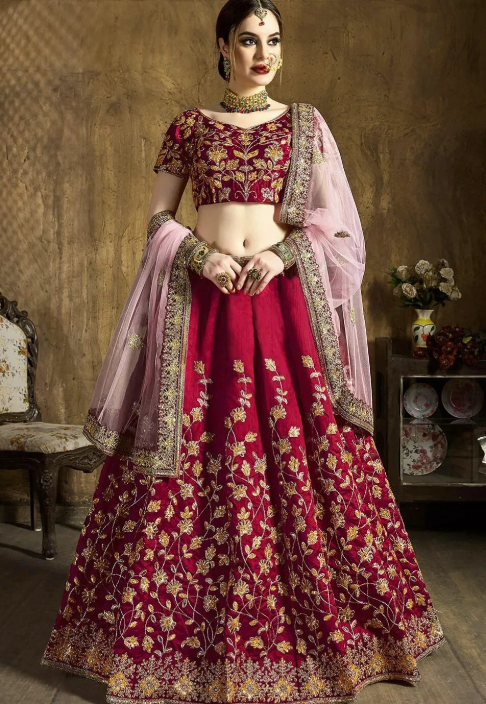 Embroidered Art Silk Lehenga in Magenta
