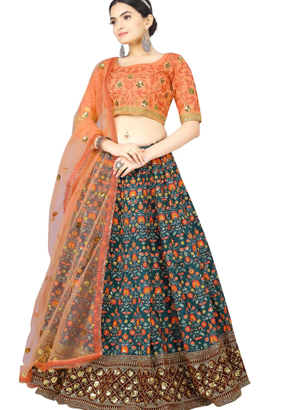 Embroidered Art Silk Lehenga in Teal Green