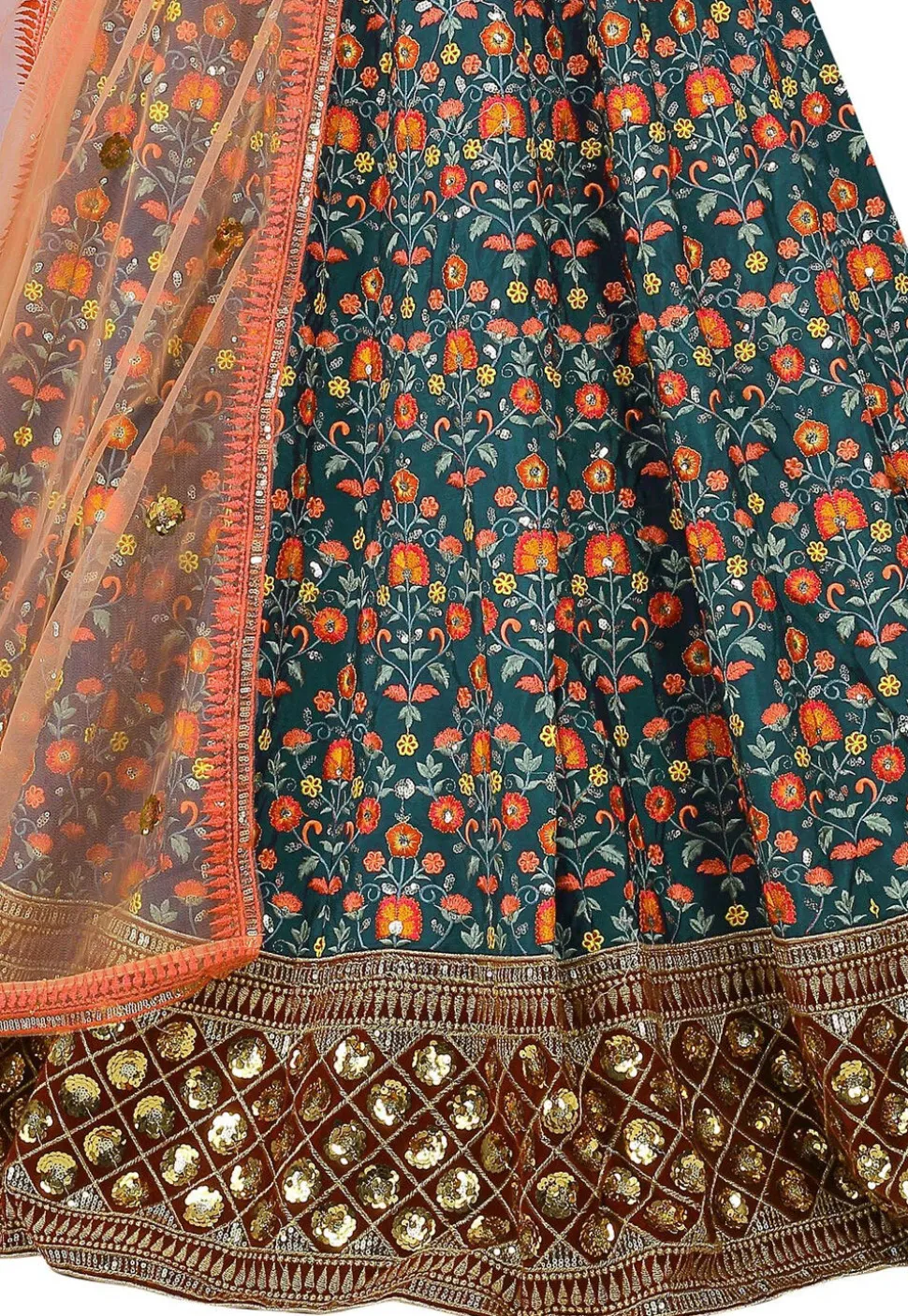 Embroidered Art Silk Lehenga in Teal Green