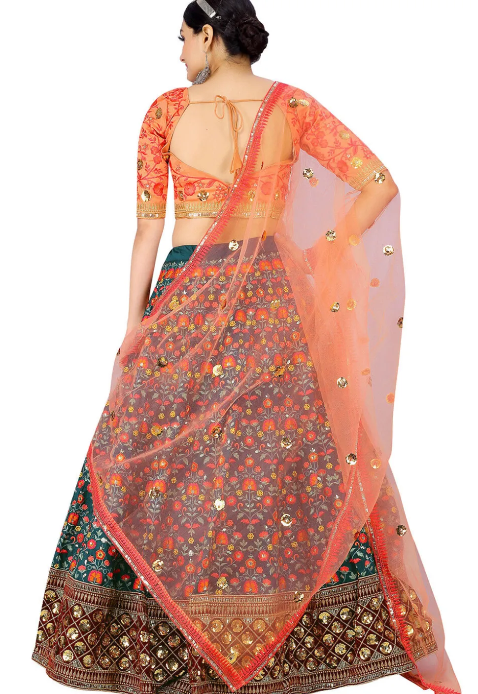 Embroidered Art Silk Lehenga in Teal Green
