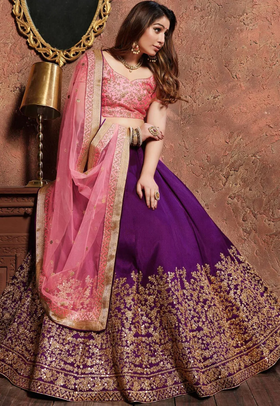 Embroidered Art Silk Lehenga in Purple